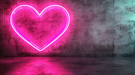 A vibrant pink neon heart light illuminates a grungy wall, creating a stylish and romantic atmosphere. Ideal for decoration and artistic expression.の素材
