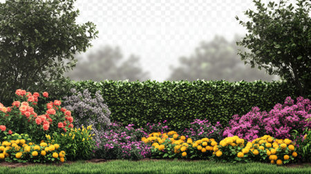 A beautiful flower garden showcasing a mix of vibrant blooms against a green hedge, with a soft misty background, ideal for nature-themed projects and designs.の素材