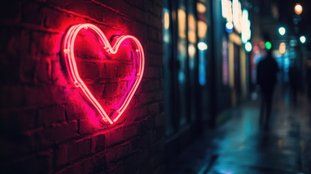 A glowing neon heart sign illuminates an urban brick wall at night, creating a vibrant and romantic atmosphere ideal for artistic and lifestyle photography.の素材
