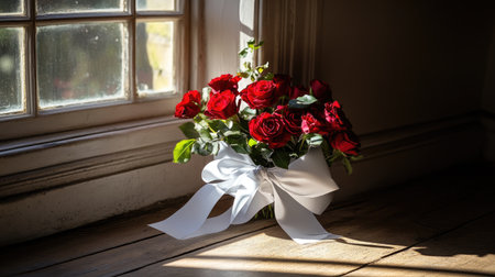 A stunning bouquet of vibrant red roses tied with a delicate white ribbon, positioned gracefully by a sunny window, exuding elegance and romance.の素材