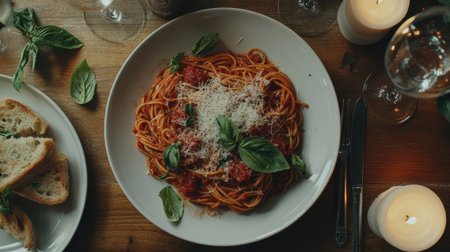 A mouthwatering plate of spaghetti topped with rich tomato sauce, fresh basil, and grated cheese, set elegantly on a wooden table illuminated by candlelight.の素材