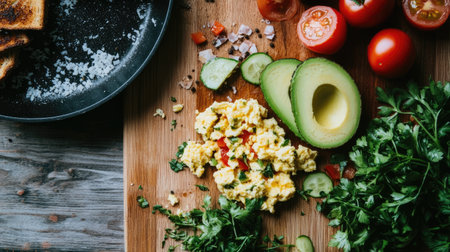 A vibrant arrangement of fresh ingredients for a healthy breakfast, including scrambled eggs, avocado, tomatoes, and herbs on a rustic wooden board. Perfect for meal prep!の素材
