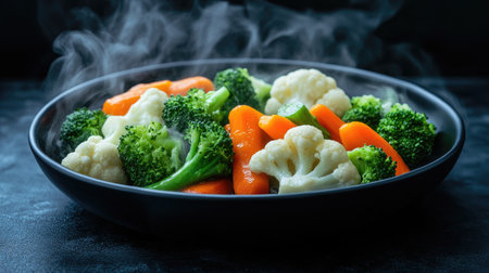 A vibrant bowl of steamed broccoli, cauliflower, and carrots, showcasing fresh vegetables with steam rising, ideal for healthy meal options and culinary presentations.の素材