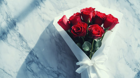 A stunning bouquet featuring vibrant red roses elegantly wrapped in white paper and tied with a ribbon, set against a marble background, perfect for celebrations.の素材