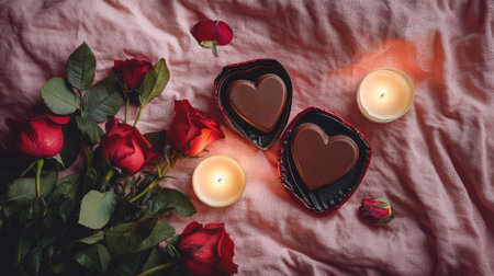 This enchanting arrangement features red roses, candles, and heart-shaped chocolates, creating a romantic atmosphere perfect for special moments.の素材