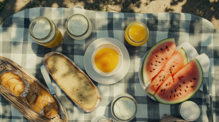 Enjoy a vibrant summer picnic spread featuring fresh watermelon slices, crusty bread, and jars of refreshing juice, all laid on a checkered tablecloth under soft sunlight.の素材