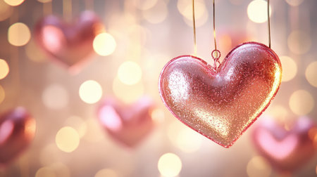 A close-up of a glittering heart decoration suspended against a soft bokeh background, radiating warmth and romance. Perfect for celebrating love and special occasions.の素材