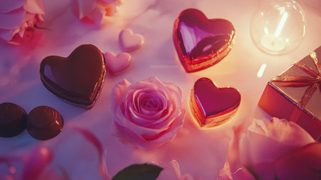 A visually captivating arrangement featuring heart-shaped chocolates, pink roses, and a glowing candle, perfect for romantic occasions and celebrations.の素材