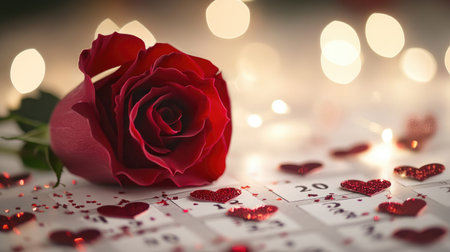 A beautiful red rose surrounded by hearts on a calendar evokes feelings of love and romance, perfect for celebrations, anniversaries, and heartfelt gestures.の素材