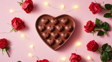 A heart-shaped box filled with chocolates sits among red roses and soft lights, creating a romantic and inviting scene perfect for special occasions or gifts.の素材