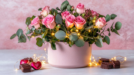 A stunning arrangement of pink roses presented in a stylish pot, surrounded by chocolates and twinkling lights, creating a charming and romantic atmosphere.の素材