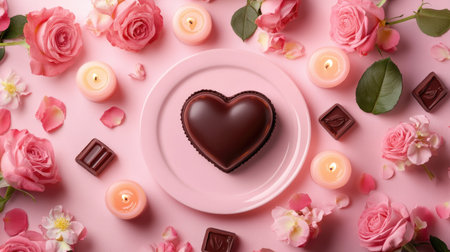 A beautifully styled heart-shaped chocolate rests on a pink plate, surrounded by pink roses and soft candles. Perfect for romantic occasions or celebrations.の素材