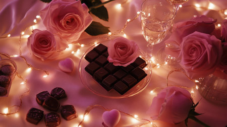 Create a romantic atmosphere with pink roses and delicious chocolates. Perfect for celebrations, events, or intimate gatherings to express love.の素材