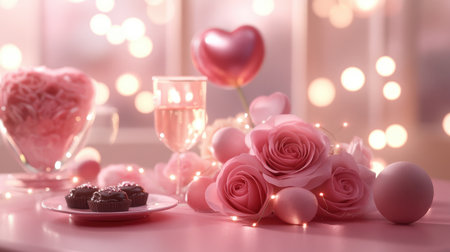 A dreamy table setting featuring pink roses, heart-shaped balloons, chocolates, and soft lighting, perfect for romantic celebrations or Valentine's Day.の素材