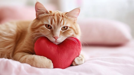 A charming ginger cat rests on a soft bedspread, holding a heart-shaped pillow. This image captures warmth and affection, perfect for expressing love.の素材