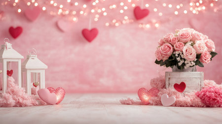 A delightful floral arrangement featuring pink roses and heart decorations, creating a romantic atmosphere perfect for celebrations of love and special events.の素材