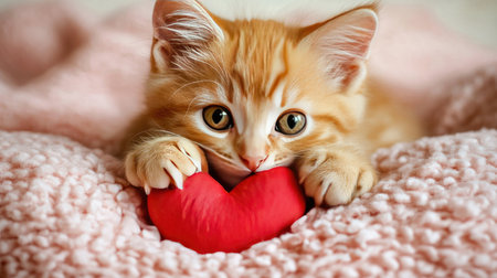 A charming orange kitten playfully interacts with a heart-shaped toy on a soft pink blanket, radiating warmth, innocence, and joy in a cozy setting.の素材