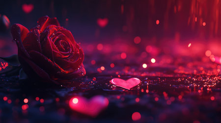 A captivating image of a red rose surrounded by shimmering hearts and raindrops, creating an enchanting romantic atmosphere perfect for love-themed projects.の素材