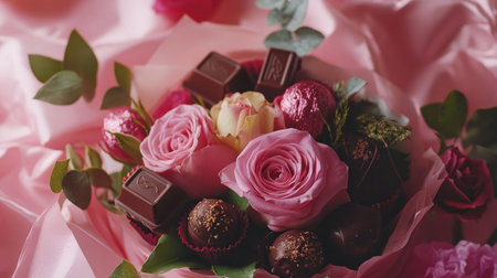 A beautiful arrangement featuring pink roses alongside assorted chocolates, perfect for expressing love and affection. Ideal for romantic occasions or special events.の素材