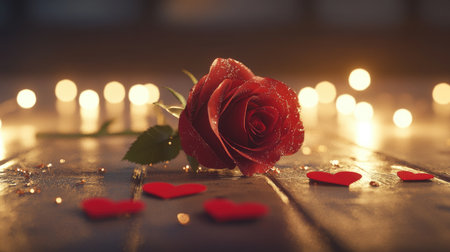 A stunning red rose rests gracefully on a wooden surface surrounded by heart decorations and soft blurred lights, embodying romance and beauty.の素材