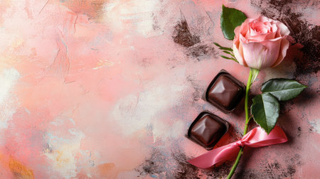 A beautiful arrangement featuring a pink rose and rich chocolate truffles on a textured pastel background, perfect for expressing love and affection.の素材