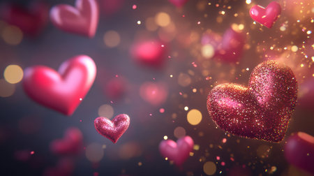 Celebrate love with this enchanting image of sparkling hearts adrift in a dreamy bokeh background, perfect for romantic themes and festive occasions.の素材