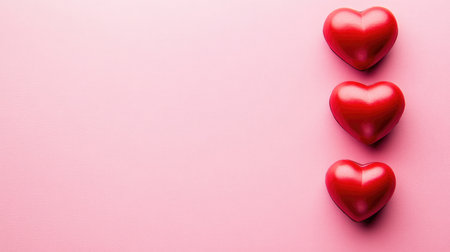Three glossy red hearts are arranged vertically against a soft pink background, creating a romantic and playful atmosphere perfect for celebrations or affectionate moments.の素材
