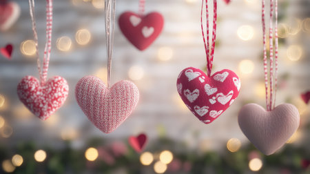 A beautiful arrangement of decorative heart ornaments hung gracefully in a soft lit environment, creating a warm and romantic atmosphere perfect for celebrations.の素材