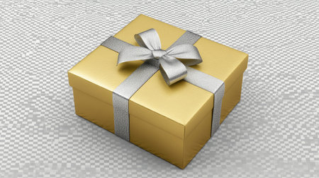 A golden gift box tied with a silver ribbon, perfect for celebrations. The object is isolated against a transparent background, making it ideal for design.の素材
