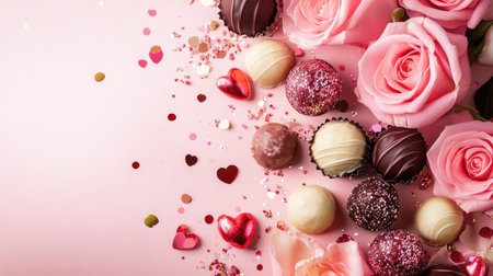A stunning display featuring pink roses alongside assorted chocolates on a soft pink background, perfect for celebrating love, affection, and special occasions.の素材