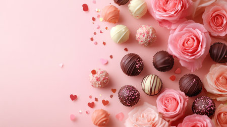 An elegant arrangement of assorted chocolates and pink roses on a soft pink background, perfect for celebrations, romantic occasions, or sweet gifts.の素材