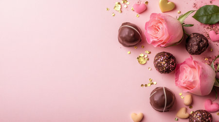 A charming arrangement featuring luscious chocolates and soft pink roses, accompanied by decorative hearts. Perfect for romantic occasions or festive celebrations.の素材