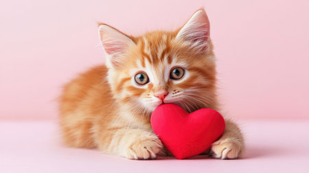 This adorable orange kitten holds a vibrant red heart against a soft pink background. Perfect for themes of love and companionship, this cute pet embodies joy and innocence.の素材