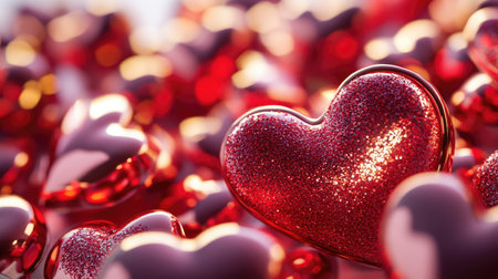 A captivating arrangement of shimmering red hearts with sparkling textures, perfect for conveying love and romance in various creative projects and celebrations.の素材