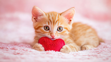 This charming orange kitten holds a heart toy, showcasing an adorable expression against a soft pink background. Perfect for capturing joy and affection.の素材