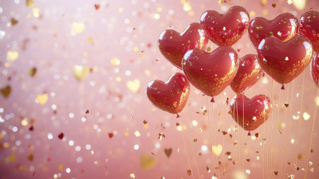 A vibrant scene featuring floating heart balloons in a soft pink background decorated with shimmering glitter and floating confetti. Perfect for love-themed events.の素材