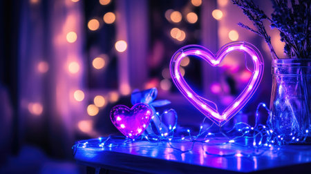A bright heart-shaped neon light in purple stands out against a soft bokeh background, creating a romantic and cozy atmosphere perfect for celebrations.の素材