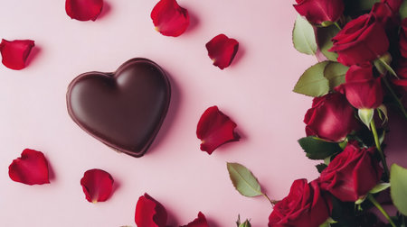 A beautiful heart-shaped chocolate nestled among vibrant red roses and scattered petals, perfect for romantic occasions and celebrations of love.の素材
