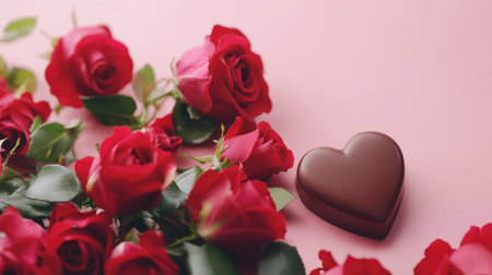 A stunning arrangement of red roses surrounding a heart-shaped chocolate on a soft pink background, perfect for romantic occasions, gifts, and celebrations of love.の素材