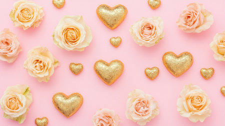 A beautiful flat lay of golden hearts and soft pink roses on a pastel background, perfect for romantic themes, celebrations, or elegant events.の素材