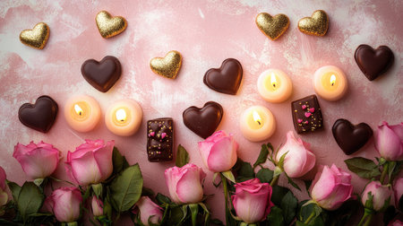 This beautiful romantic setup features pink roses, delectable chocolates, and glowing candles, creating an intimate atmosphere for love and celebration.の素材
