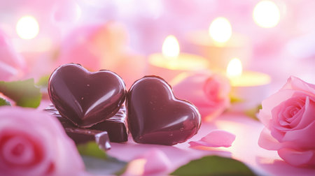 A romantic setup featuring heart-shaped chocolates nestled among lush pink roses and softly glowing candles, creating a dreamy and intimate atmosphere perfect for celebrations of love.の素材