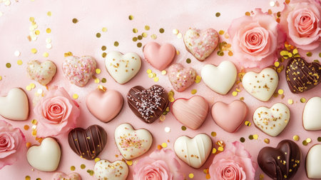 A delightful arrangement of heart-shaped sweets surrounded by pink roses and sparkling confetti, perfect for celebrations, romantic occasions, and events.の素材