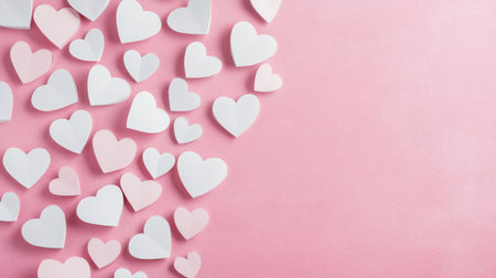 Delightful arrangement of white and pink heart shapes on a soft pink background, perfect for romantic themes, celebrations, and creative projects expressing love.の素材