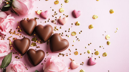 A romantic arrangement featuring chocolate hearts, delicate pink flowers, and shiny decorations. Perfect for celebrations of love and special occasions.の素材