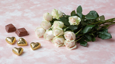 A beautiful composition featuring delicate white roses and assorted chocolates on a soft pink background, perfect for expressing love and affection.の素材