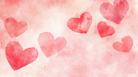 This beautiful watercolor image features soft red hearts against a dreamy pink background, perfect for themes of romance, love, and celebration.の素材