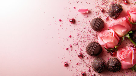 A beautiful arrangement of pink roses and rich chocolate treats creates a romantic atmosphere. Perfect for celebrations, this image showcases love and sweetness.の素材