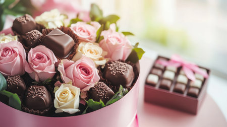 A stunning arrangement featuring exquisite roses and assorted chocolates in a beautifully wrapped gift box. Perfect for celebrations and special occasions.の素材
