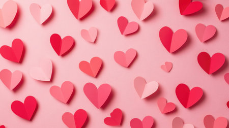 A vibrant arrangement of paper hearts in various shades of pink and red on a soft pink background, perfect for themes of love, romance, and celebration.の素材